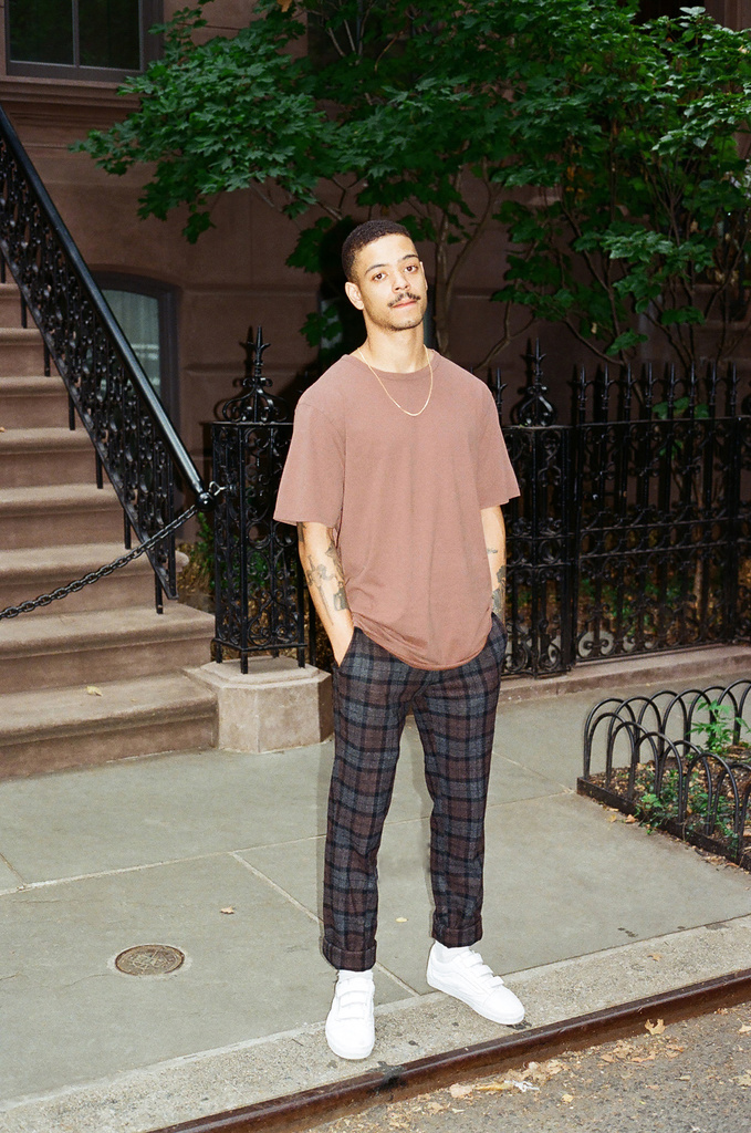 The Brandon Pima T-Shirt in Bronze and the Panos Check Trousers